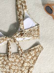 Bonvoyette Conjunto de Maiô Bikini Floral Jacquard com Taça Triangular e Efeito Emagrecedor para Mulheres, Águas Termais & Férias - Café - Visão 6