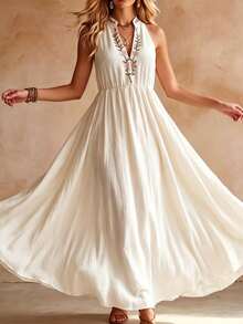 LUMIGAL Women's V-Neck Floral Embroidered Pleated Casual Everyday Dress - Apricot - View 5