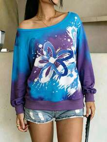 INAWLY Women's Tie-Dye Floral Print Asymmetrical Collar Sweatshirt - Blue - View 6