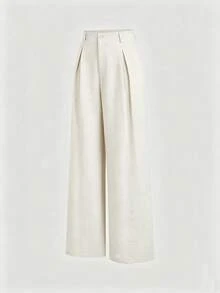 Sweetra Women's New Fashion Versatile Retro Elegant Color Woven Faux Linen Pleated Wide Leg Long Pants - White - View 3
