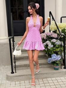 Cévolie Women's Metal Buckle Polka Dot Print Ruched Halter Neck Tie Waist Dress Vacation Pink Summer Vintage Romantic Old Money Tropical Cute - Multicolor - View 6