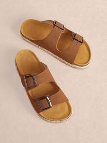 Rosivie A Pair Of Women's New Round Toe Thick-Soled Flat-Soled Sandals, Belt Buckle Decoration, Real Hemp Rope, Straw Bottom, Open-Toed Fashion Sandals - Brown - View 1