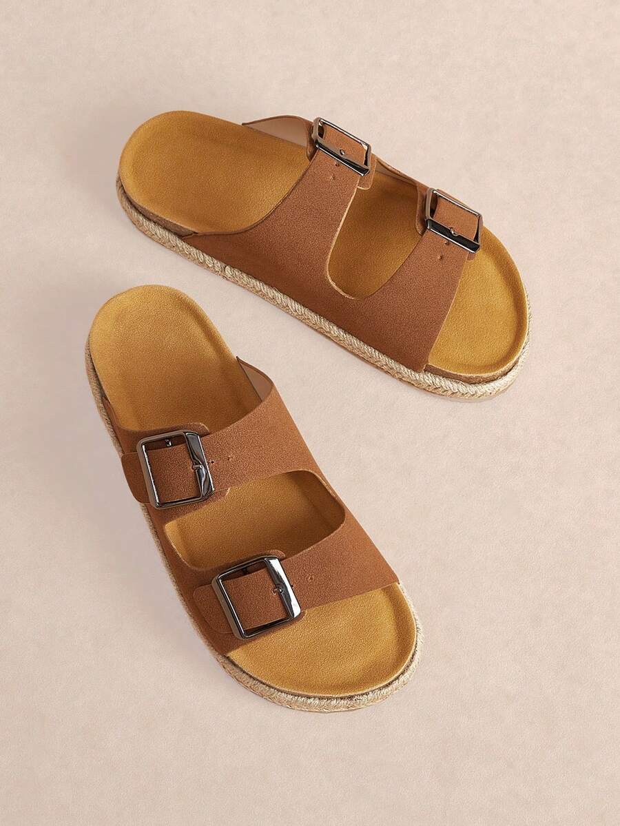 Rosivie A Pair Of Women's New Round Toe Thick-Soled Flat-Soled Sandals, Belt Buckle Decoration, Real Hemp Rope, Straw Bottom, Open-Toed Fashion Sandals - Brown - View 1