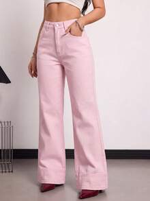 SHEIN Tall 高個女款時尚百搭口袋鈕扣牛仔長褲 秋季教師褲 - 粉色 - 查看 3