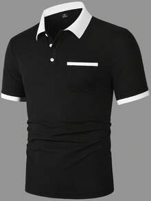 Manfinity CasualCool 男士對比色休閒通勤短袖 Polo 衫 - 黑與白 - 查看 4