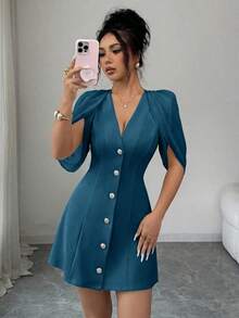 Elenzga 拼接布料收腰V領A字裙優雅浪漫女款洋裝 早午餐穿搭 藍綠色 夏季 - 水鴨藍 - 查看 6