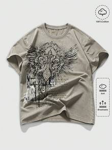 ROMWE MEN Goth Men's Crew Neck Slogan Print Casual Daily Summer T-Shirt - Light Grey - View 3