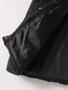 SHEIN 青少年女孩秋冬純黑色連帽填充外套，黑色毛領、黑色鈕扣，中長版寬鬆版型，收腰蝴蝶結設計，百搭填充外套 - 黑色 - 查看 9