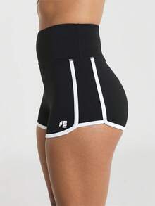 11SKNDS High Waist Athletic Running Shorts With Contrast White Piping Detail And Sporty Dolphin Hem Slim Fit Booty Shorts For Training Gym And Summer Workouts - Black and White - View 5