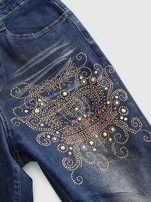 ROMWE Hippie Crown Rhinestone Gemstone Applique Furry Denim Plus Size Capri Pants - Blue - View 3