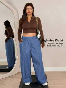 Flexra Chic Light Blue Elastic Waist Wide Leg Loose Fit Daily Wear Plus Size Jeans For Women - Medium Wash - View 4