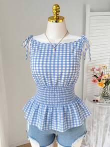 Comfortcana Plus Size Vacation Plaid Tie-Front Ruffle Hem Top Light Blue Summer Fairycore Cute Kawaii Wedding Guest Dates Date Night - Blue - View 3