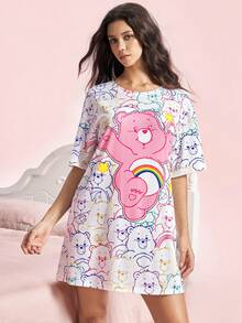 SHEIN X Care Bears 女款卡通印花圓領短袖睡裙 - 白色 - 查看 3