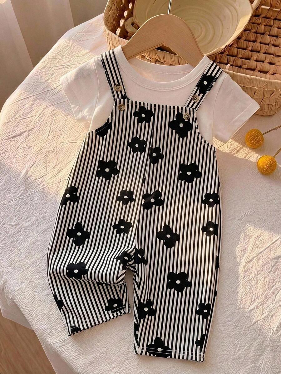 LMoss Kids Jumpsuit Anak Perempuan Muda, Jumpsuit Terusan Motif Bunga Bergaris Tenun - Hitam dan Putih - View 1