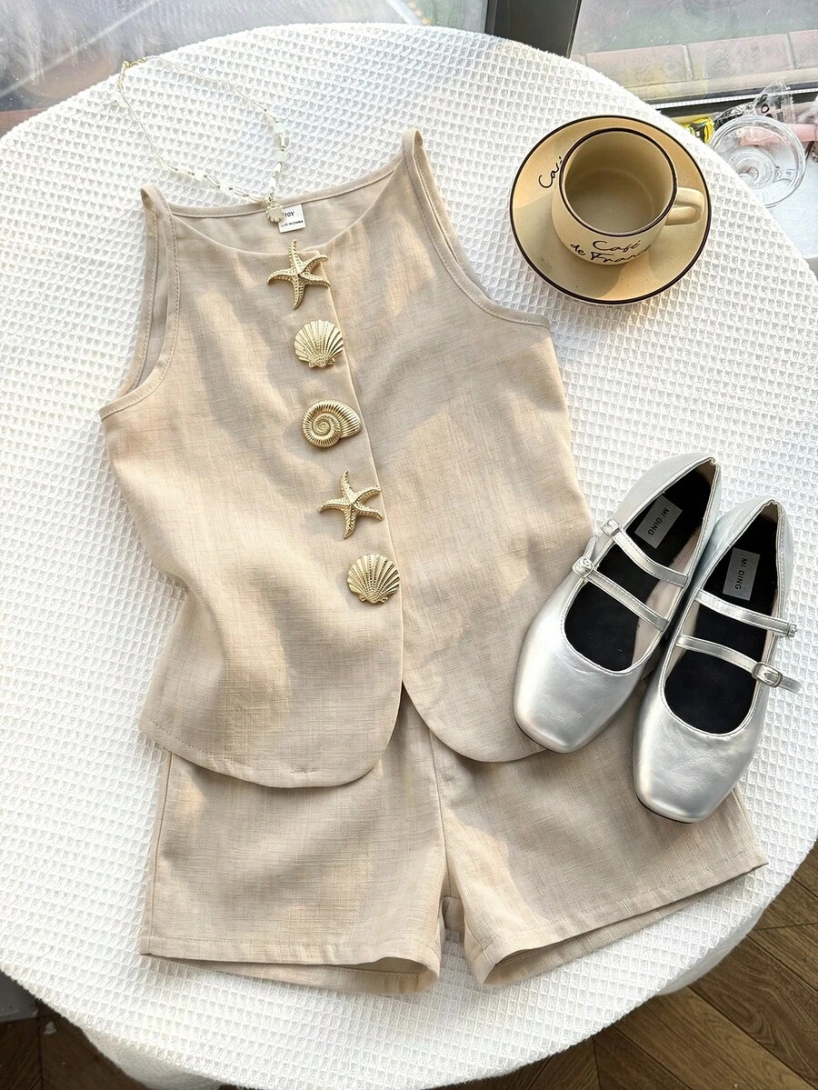 Conjunto de top sin mangas con cuello redondo y botones delanteros de unicolor para niñas preadolescentes - Multicolor - Ver 1