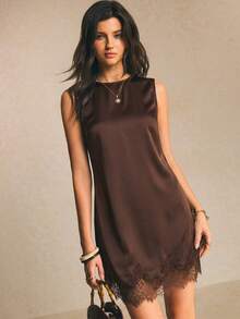 Poéselle Women's Solid Color Round Neck Lace Hem Sleeveless Short Dress Dinner Date Date Night Dark Brown Summer Minimalist Elegant - Brown - View 4