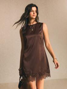 Poéselle Women's Solid Color Round Neck Lace Hem Sleeveless Short Dress Dinner Date Date Night Dark Brown Summer Minimalist Elegant - Brown - View 5