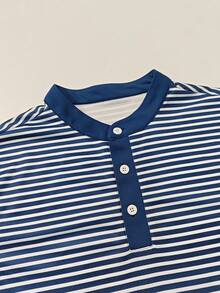 Manfinity Dauomo Men's Simple Button Half-Placket Short Sleeve Striped Polo Shirt And Drawstring Waist Pocket Shorts Set - Multicolor - View 3