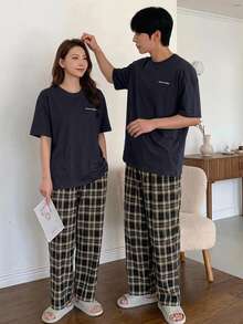 DAZY 男士夏季字母印花T恤和格子短裤两件套睡衣套装 - 藏蓝色 - 查看 1