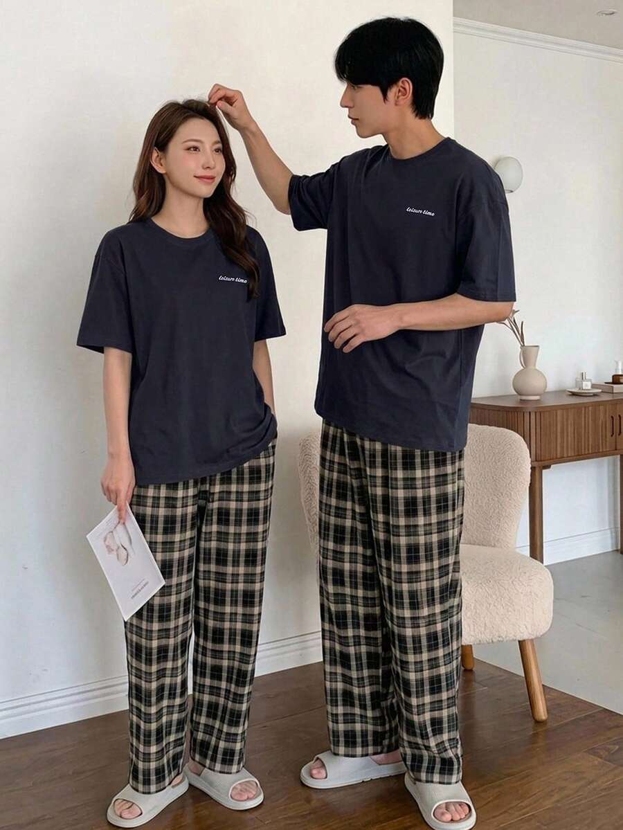 DAZY 男士夏季字母印花T恤和格子短裤两件套睡衣套装 - 藏蓝色 - 查看 1