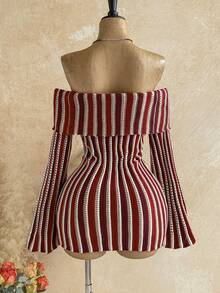 Soleia Colorblock Striped Off-Shoulder Bell Sleeve Mini Knit Dress - Multicolor - View 2
