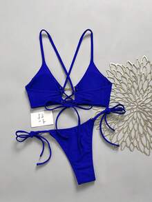 Swim Vcay 女款夏季海灘純色金屬裝飾連繫性感比基尼三角褲兩件式泳衣套裝 - 寶藍色 - 查看 2