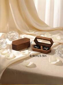 1 Pack Double Compartment Black Walnut Wood Vintage Shaped Ring Box With Clear Viewing Window Soft Velvet Lining Secure Magnetic Closure For Wedding Band Storage Engagement Proposal Anniversary Valentine Gift - Multicolor - View 5