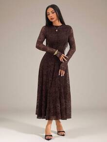 SHEIN PETITE Elegant Dark Brown Lace Dress For Women,Dresses For Women Elegant Dinner Autumn - Coffee Brown - View 7
