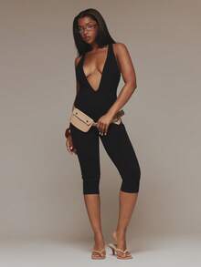 MUSERA Black Plunge V Neck Capri Jumpsuit Summer Fall Winter Day Womens Outfit Night Out Club Sexy - Black - View 3