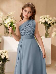 SHEIN Elegantes BlumenTween Mädchen-Kleid für Tween Mädchen zur Hochzeit, gerüschter Chiffon-Schal, wadenlang, formelles Abendkleid im Prinzessinnenstil für Tween Mädchen, für Herbst und Winter - Blau - Übersicht 6