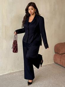 Auralis Plus Size Women Solid Color Notch Lapel Single Breasted Long Sleeve Blazer And Pants Casual Daily Suit Set - Black - View 3