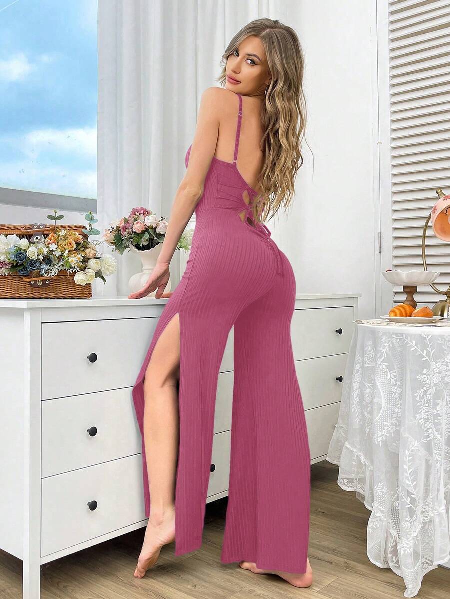 DUSKBASE Mono de tirantes finos acanalado para mujer, ropa de estar por casa - Rosa - Ver 1