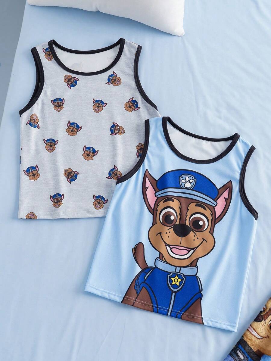 SHEIN | PAW Patrol Young Boy 2pcs Cute Cartoon Dog Print Contrast Binding Tank Top - Blue - View 1