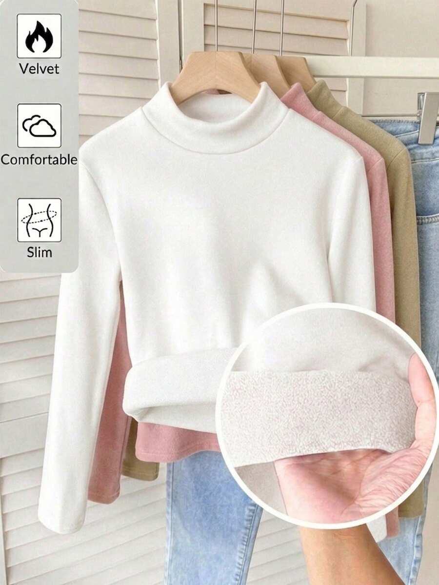 SHEIN 女童大童多功能休閒高領長袖抓絨內搭底層T恤 - 白色 - 查看 1