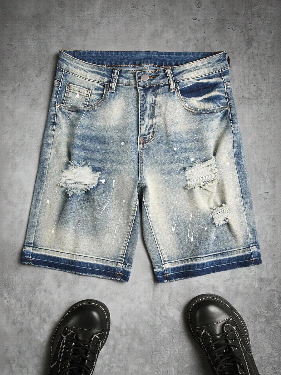 Manfinity EMRG Shorts de mezclilla rasgados de moda callejera para hombres - Lavado ligero - Ver 1