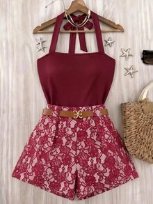 Selianne Women's Fashion Solid Color Halter Tie Tank Top And Lace Ruffle Shorts Set - Burgundy - View 4