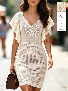 LUMIGAL Women's Fashion French Crochet Ruffle Cuff Knit Dress, V-Neck Leaf-Sleeved Tight-Fitting Bust-Hugging Elasticated Elegant Dress - Apricot - View 4