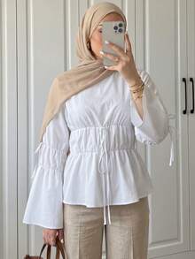 Duskaine Women's Pleated Round Neck Long Sleeve Blouse Office Brunch White Autumn Casual Elegant - White - View 3