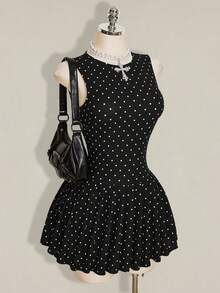 SHEIN ICON 女款夏季休閒復古可愛黑白波點印花無袖迷你洋裝，適合派對、夜出與日常穿著 - 黑色 - 查看 3