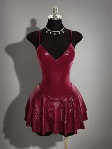 SHEIN ICON Women's Solid Color PU Leather Fashion Date Birthday Club Night Out Rave Party Mini Cami Dress Burgundy Autumn Sexy Halloween - Burgundy - View 6