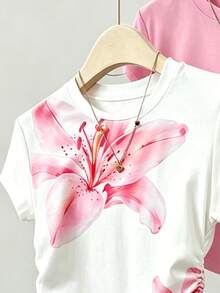 SHEIN 少女收腰短袖T恤盲盒 3合1隨機發貨 粉色大百合花印花短袖T恤 白色粉色 適合外出街頭日常基礎百搭 春夏秋冬四季皆宜 - 彩色 - 查看 3