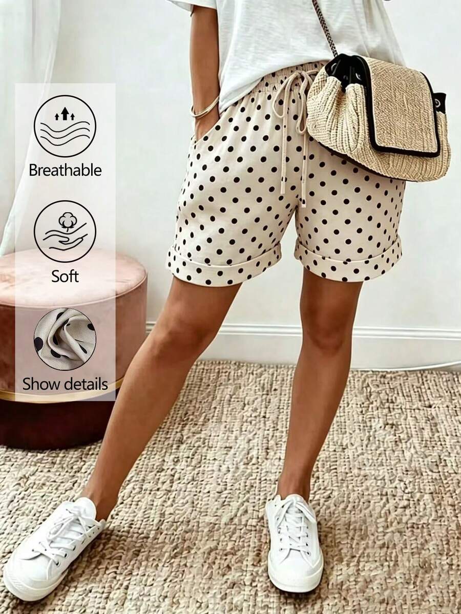 EMERY ROSE Plus Size Polka Dot Print Drawstring Waist Pocket Casual Shorts - Black - View 1