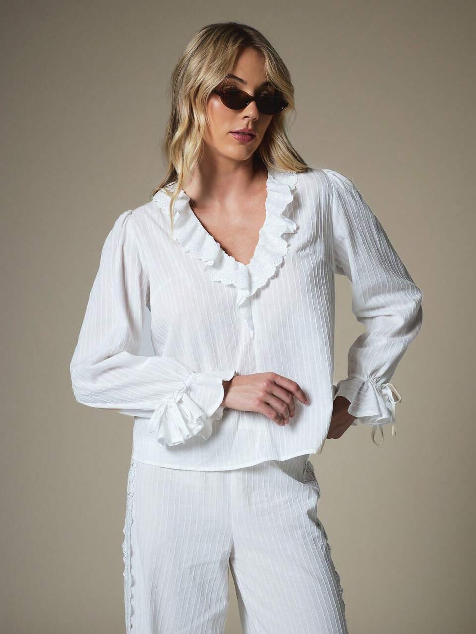 KSTM Elegant Ruffle Collar V-Neck Blouse With Long Puff Sleeves Eyelet Lace Trim And Tie Cuffs Autumn Garden Party White