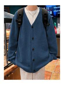 Manfinity Hypemode Men's Casual Versatile Solid Color Cardigan, Autumn/Winter - Navy Blue - View 3