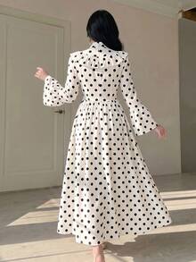 Celisse Women's Polka Dot Print Cinched Waist Long Sleeve Ruffle Hem Mid-Length Dress, Elegant Commuter Style For Autumn/Winter - Multicolor - View 2