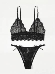 Conjunto de sujetador de mujer inalámbrico transparente de encaje, parte superior e inferior - Negro - Ver 5