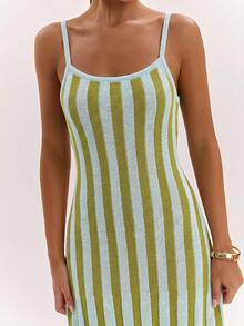SHEIN BAE Rochie cami bodycon elastică pentru femei, stil matur, cu efect de lașiere, talie evazată, rochie de bază tricotată, versatilă pentru uz zilnic casual și navetă - Multicolor - Vizualizare 6