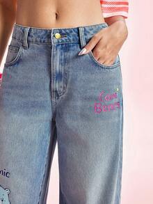 SHEIN X Care Bears 女款休閒日常牛仔褲，附口袋、鈕扣與卡通圖案 - 藍色 - 查看 6