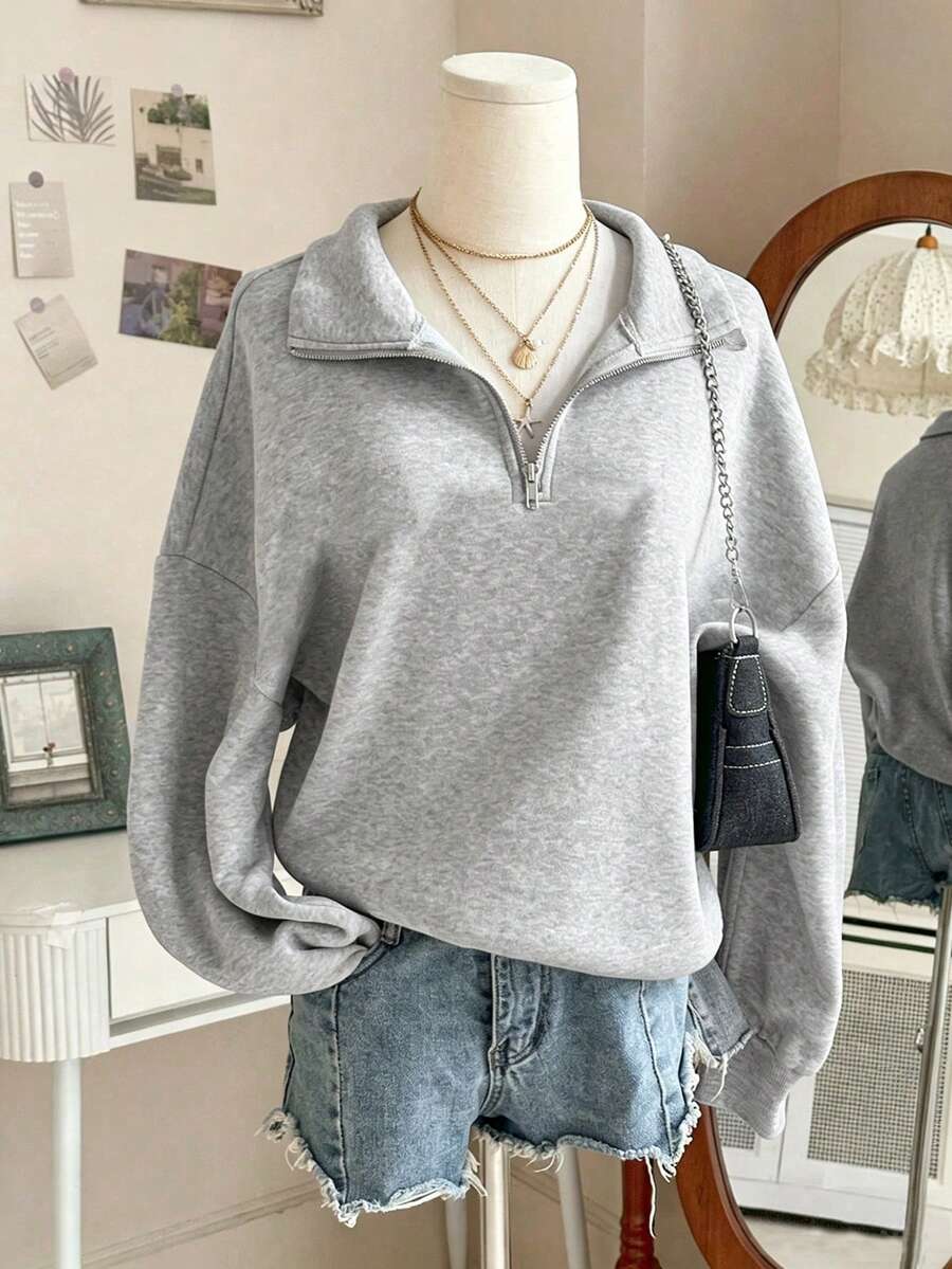 SHEIN 青少年女孩秋冬休閒時尚條紋拉鍊運動衫,基礎休閒拉鍊運動衫,舒適秋季運動衫 - 白色 - 查看 1