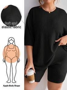 SHEIN Essnce Set de 2 piezas de top y shorts de punto acanalado de unicolor y cuello redondo para tallas grandes - Negro - Ver 1